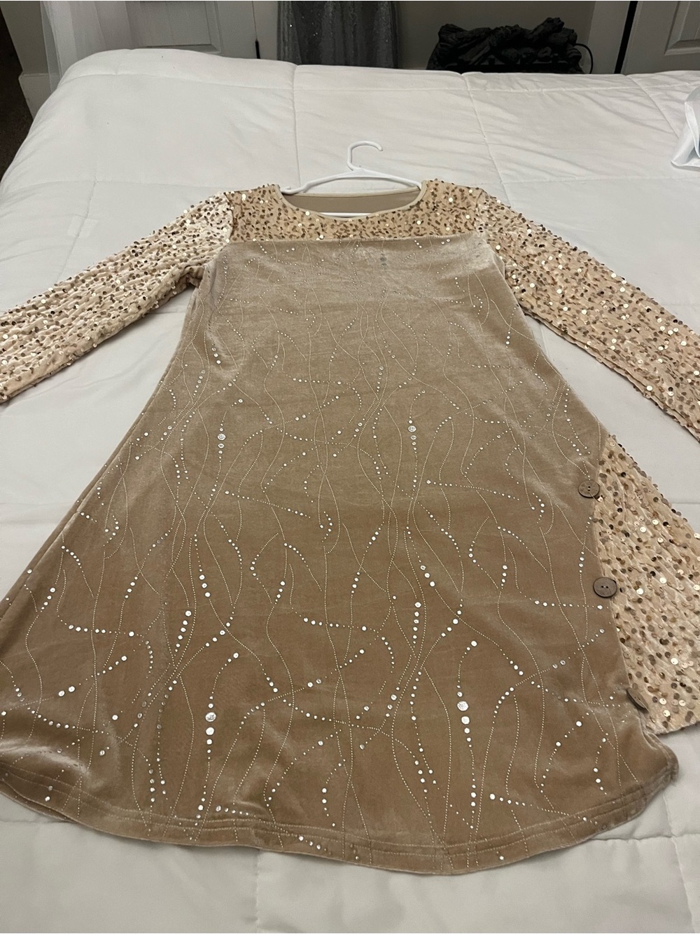 Beige Sequin-Embellished Long Sleeve Dress